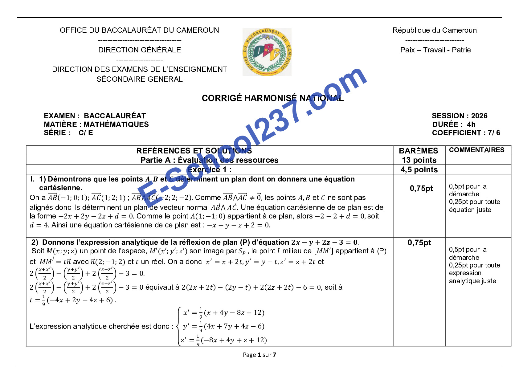 Corrigé Harmonise National maths BAC C-E 2026